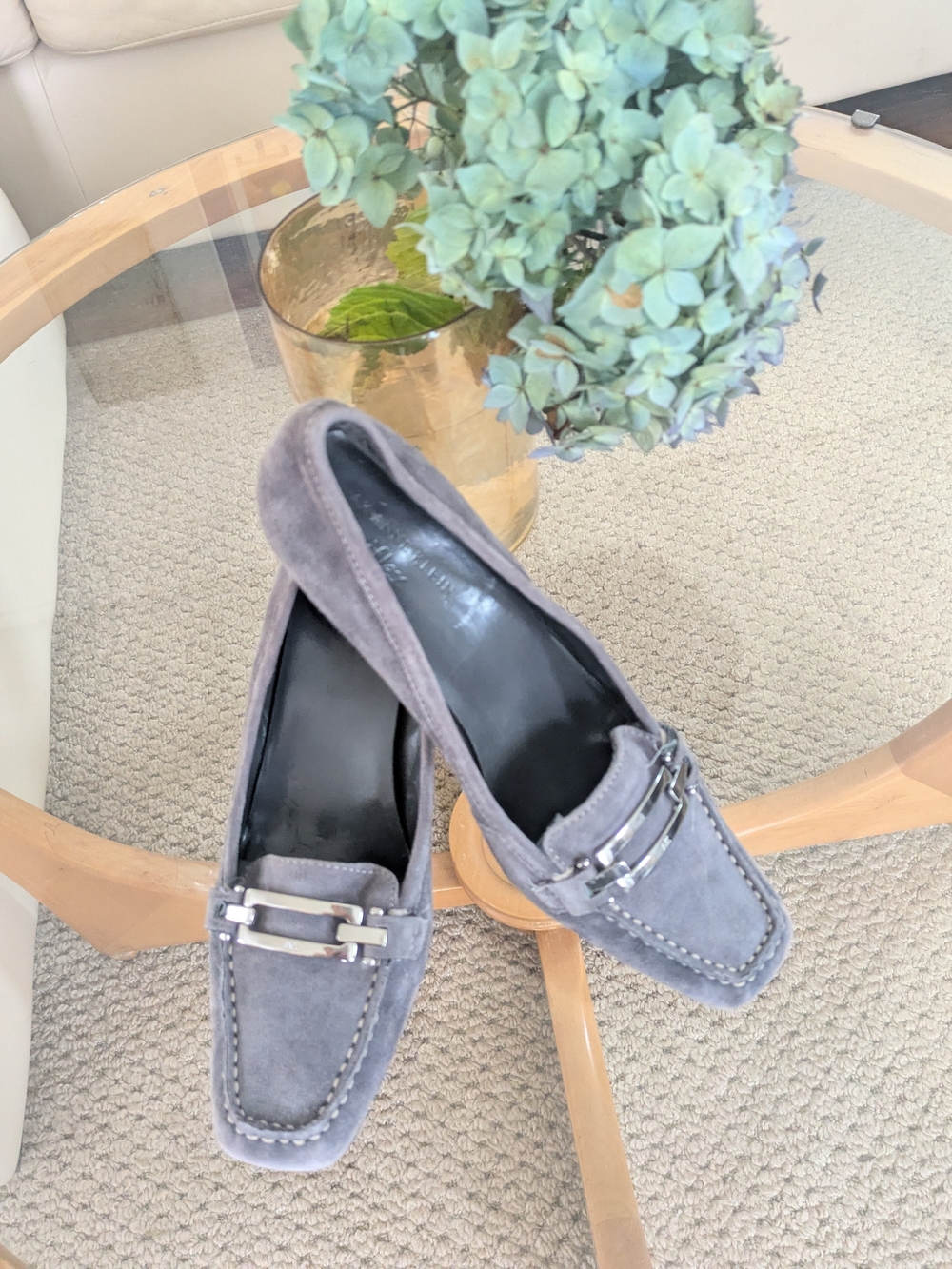 Anne Klein Gray Suede Heeled Loafers with Metal Bit